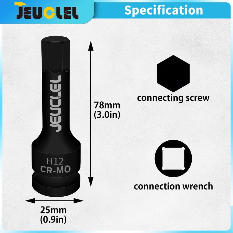 JEUCLEL 12mm Hex Impact Bit Socket, H12 1/2-Inch Impact Drive Allen Socket, Cr-Mo Steel Lengthen Hex Screwdriver Adapter for Electric Ratchet Wrenches Fastening Screws - Image 1